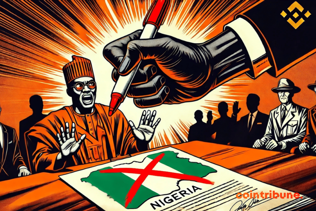 An imposing hand representing the Crypto Binance Exchange holds a red marker and bars the flag of Nigeria