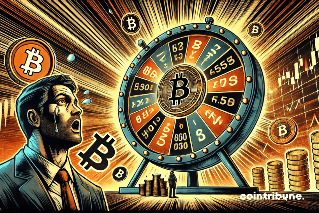 The expiration of Bitcoin options as a risky bet! A huge bitcoin sits in the center of a rotation casino wheel, while an anxious trader observes the imminent result.