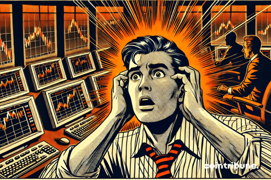 The image captures the panic of the crypto trader in the face of the sudden fall in the markets