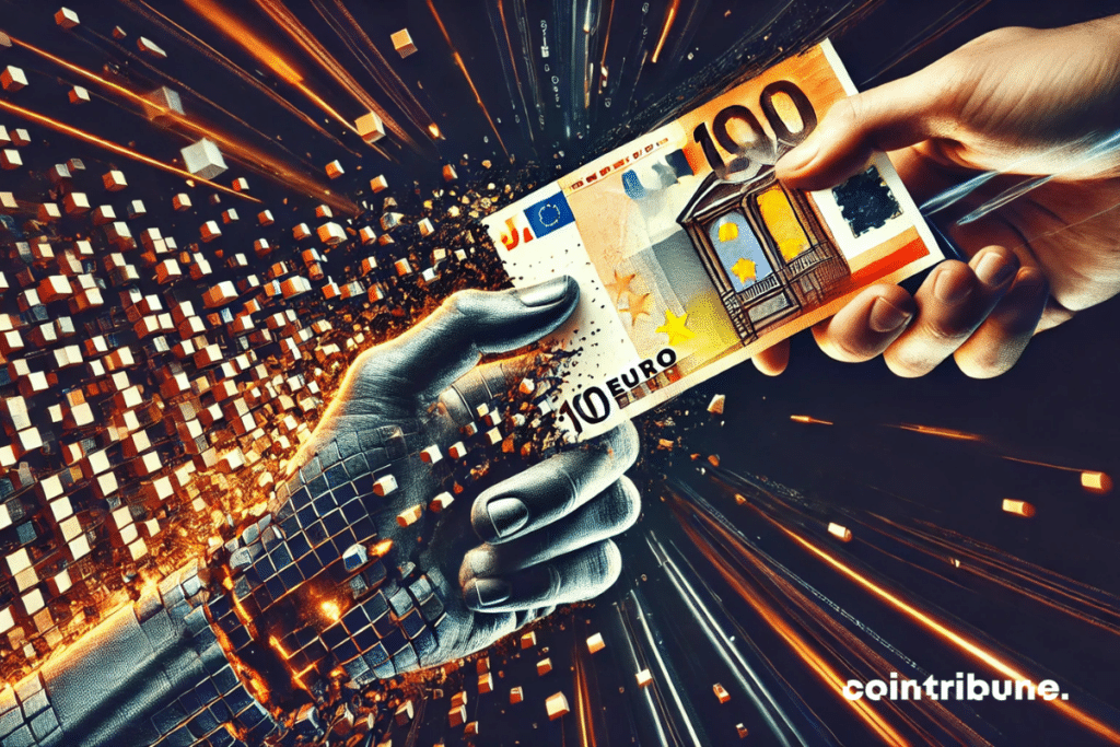 A detailed human hand holds a 100 euros ticket that disintegrates into pixels, sucked by a smartphone in the background. The atmosphere is futuristic with a black background covered with white and orange data lines, symbolizing the transition to a digital company. Dramatic lighting highlights the transformation of cash into digital data, strengthening the visual impact in a style inspired by the comics of the 70s.