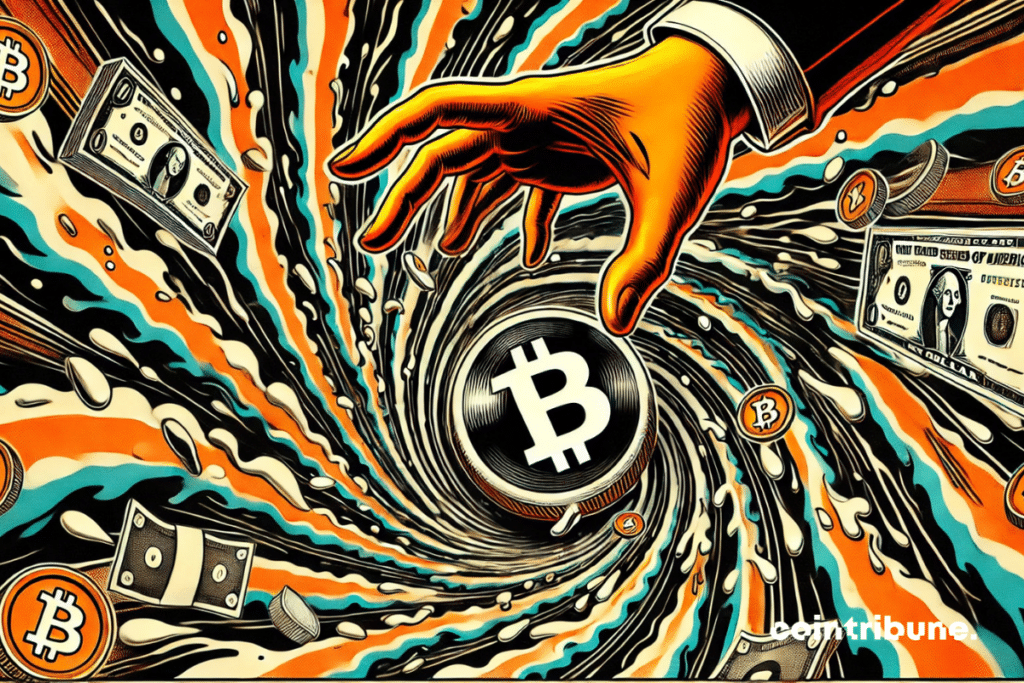 Symbol of swirling bitcoin, pulled down. A stylized giant hand (in orange) stretched up from the whirlwind, ready to save it.
