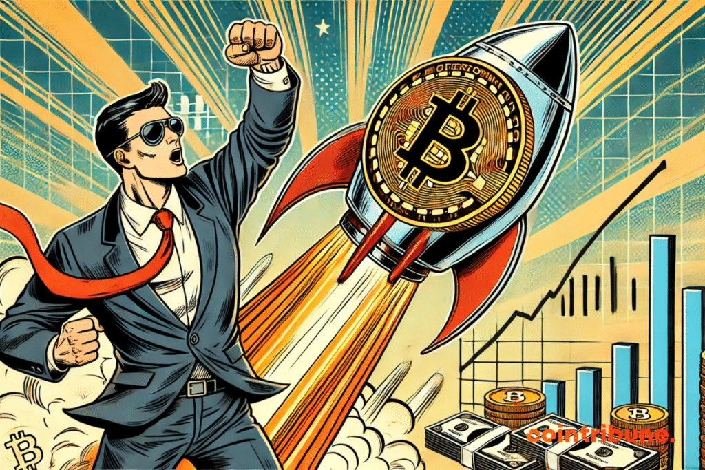 A huge piece of Bitcoin starts towards the sky like a rocket, leaving behind streaks of fire. A businessman in costume and sunglasses observes the scene with excitation, his tie floating under the effect of the movement. In the background, financial graphics and bundles of tickets symbolize monetary expansion. The color palette, limited to orange, black and white, strengthens the dynamism and contrast of this illustration inspired by the comics of the 70s.