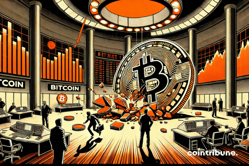 A cracked bitcoin statue that begins to break
