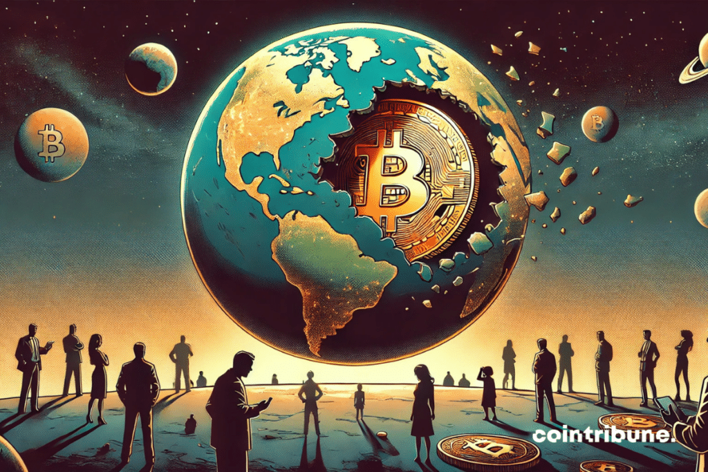 Bitcoin piece contained in a planet earth