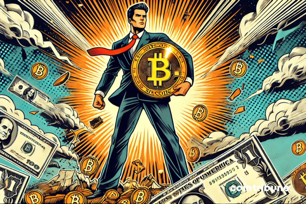 A triumphant businessman (Kiyosaki) brandishing a giant bitcoin, while torn dollars fall around him!