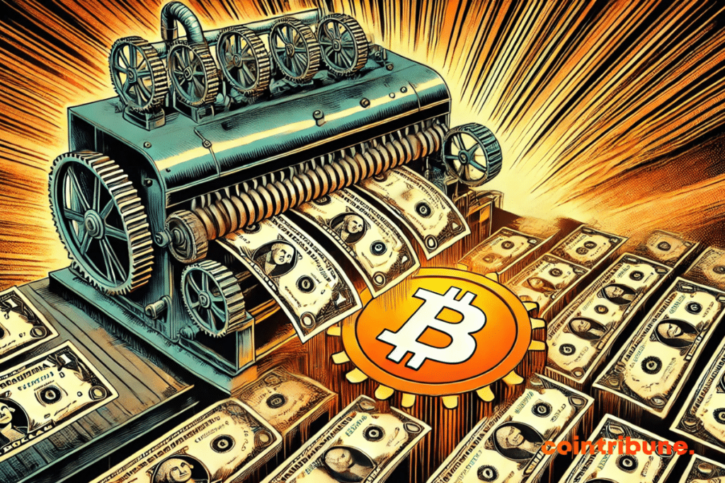 A dollars print machine with a bitcoin blocked in the gears.