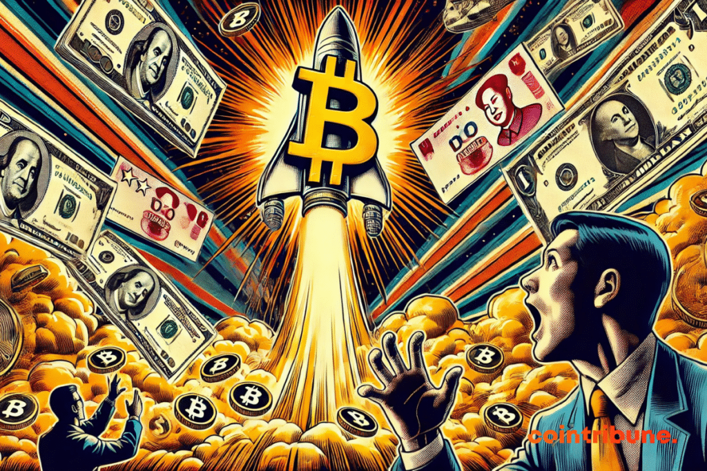 A rocket in the shape of Bitcoin rises in the sky, leaving behind a trail of dollars and yuan tickets carried by its dazzling ascent. In the foreground, a fascinated trader observes the explosion of value on a giant screen, while in the background, others react with amazement and excitement. Dramatic lighting and dynamic lines accentuate the intensity of the scene.