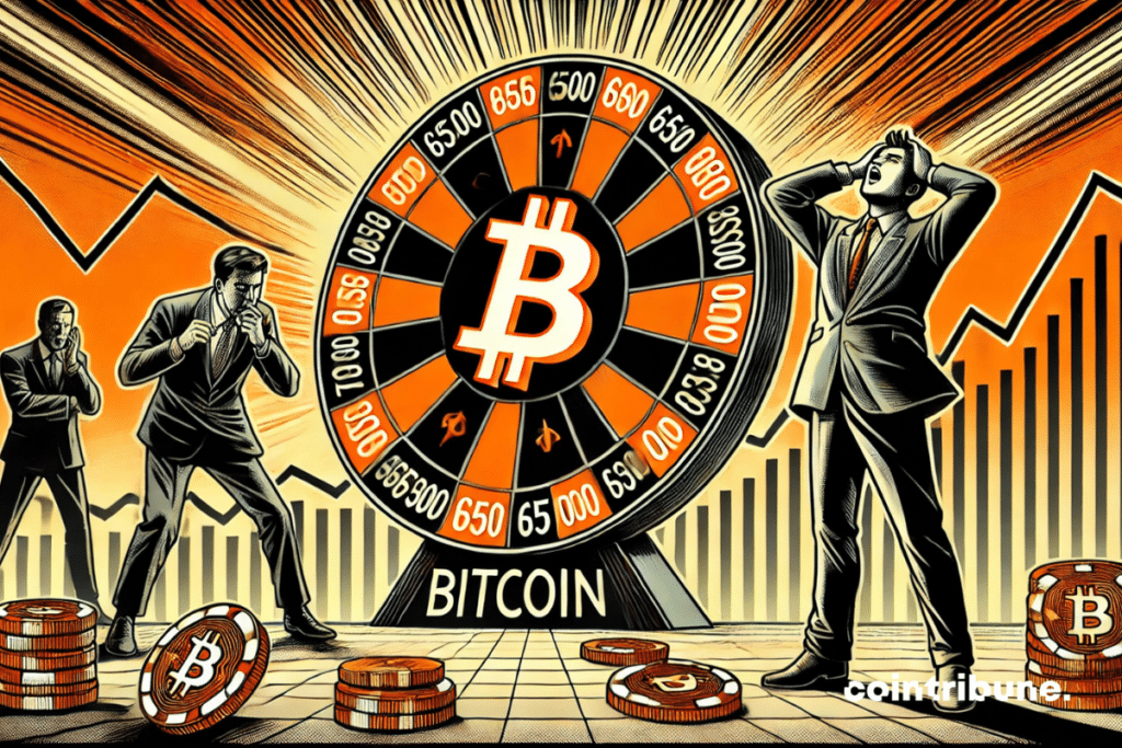 Bitcoin in the center of a makeshift wheel, shared between optimistic ascent and early fall. Two traders clash, each bet in an opposite direction.