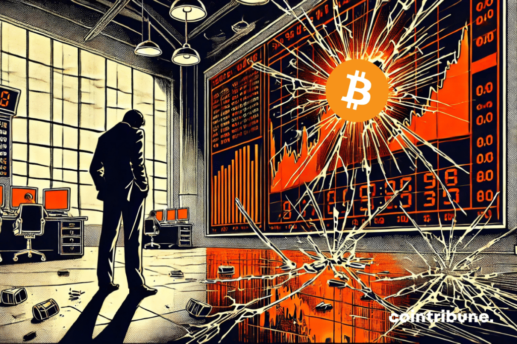 A bitcoin trader seen from the back against a gigantic cracked screen, where the figure
