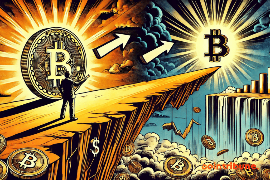 Bitcoin balances on a cliff, facing two opposite paths, symbolizing the uncertainty between a rally and a crash linked to the Fed decisions!