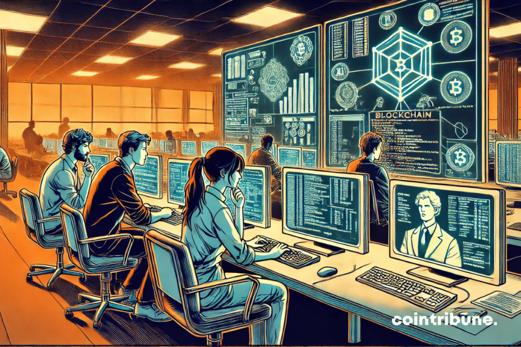 High-tech IA space with computers and holographic interfaces. Three to four concentrated Qubic developers, surrounded by neural networks and blockchain schemes