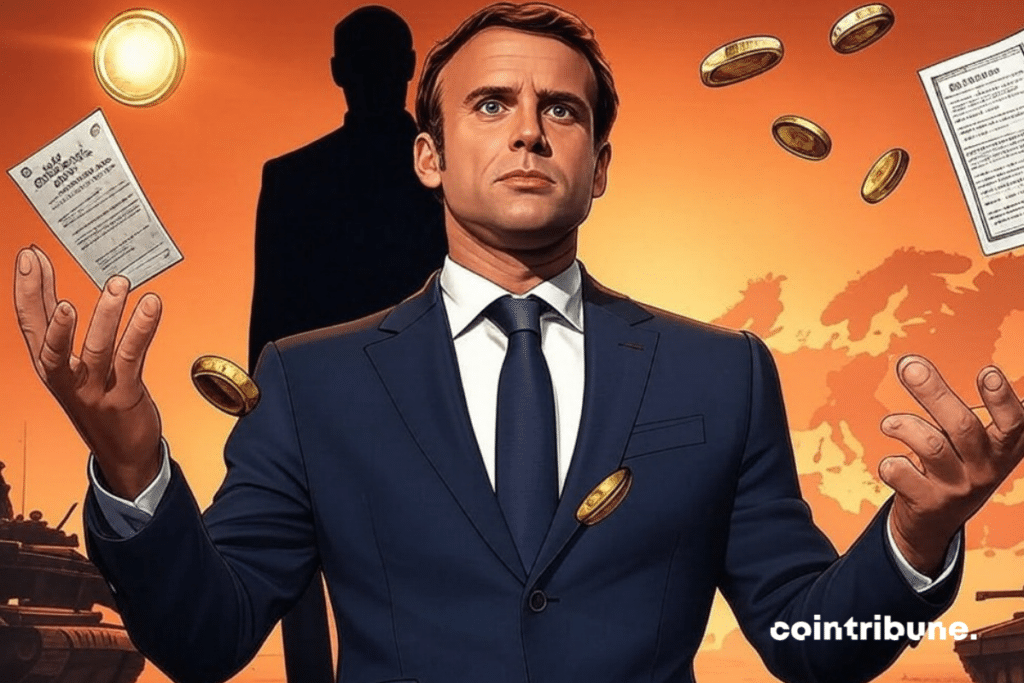 Emmanuel Macron throwing in the air of gold coins and files against the backdrop of European war