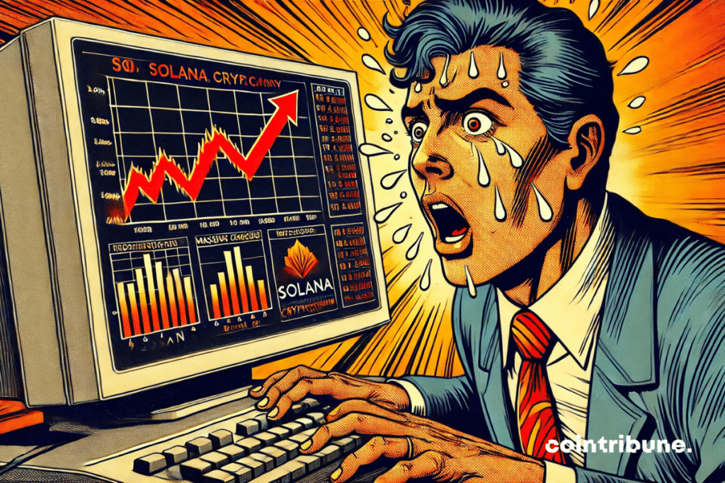 An investor panicked in front of his screen showing the massive fall of Solana