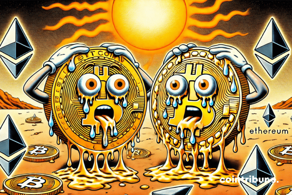 Crypto: anthropomorphic bitcoin and Ethereum melting under a burning sun, expressing panic in the face of the fall of the market!