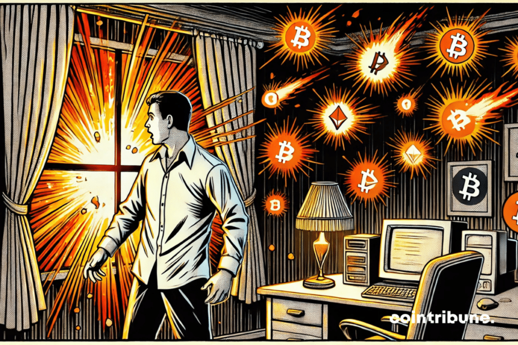 The window on the Altcoin: a crypto trader frozen in the surprise, bathed in a bright orange light, while it discovers the silent flambé of altcoins.