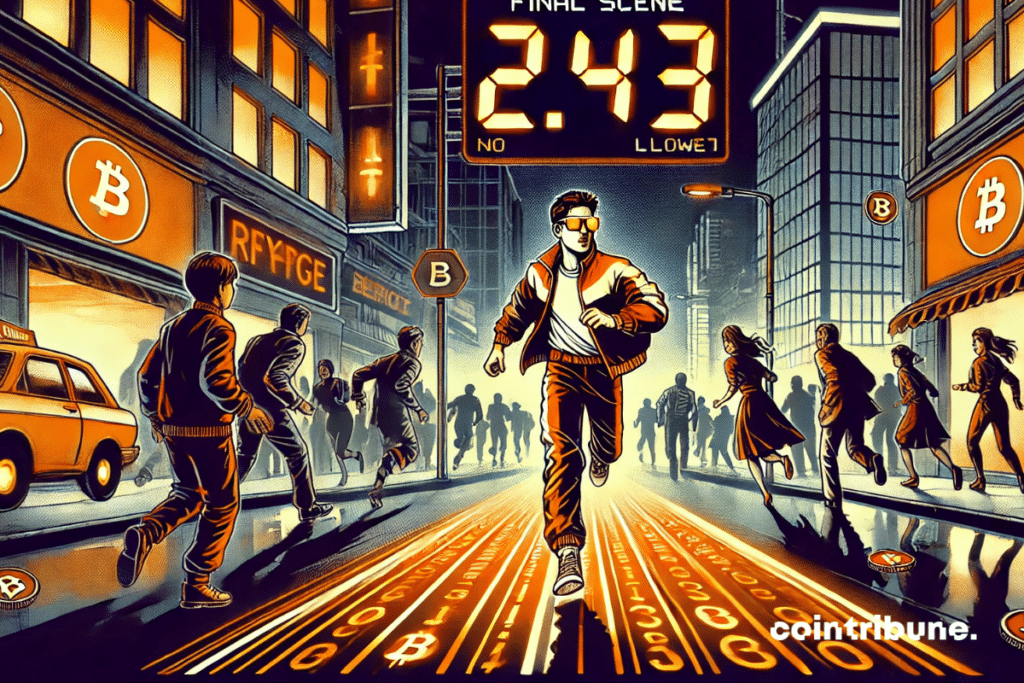 A young crypto investor dressed in futuristic streetwear (uphill collar jacket, connected glasses), runs at full speed to a digital ground platform.