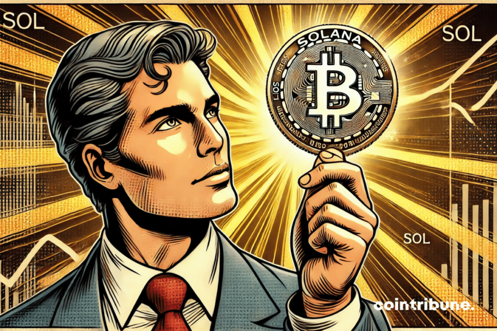 An optimistic crypto investor holding a Solana piece in his hand, hoping for an increase in prices.