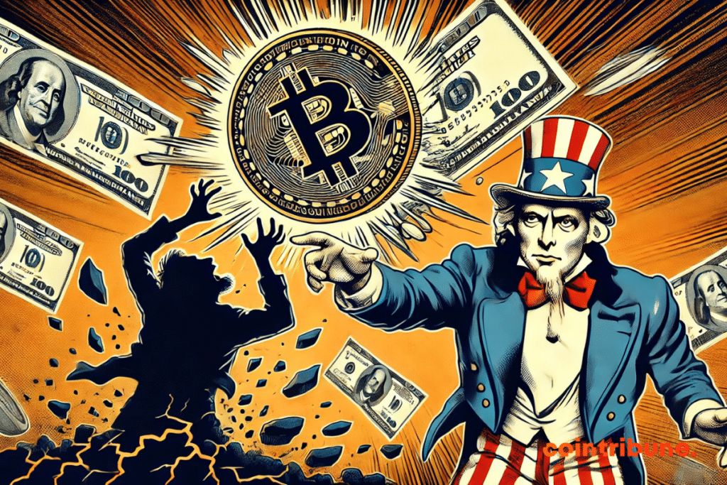 A silhouette representing Uncle Sam, shocked, arms raised as a sign of panic.