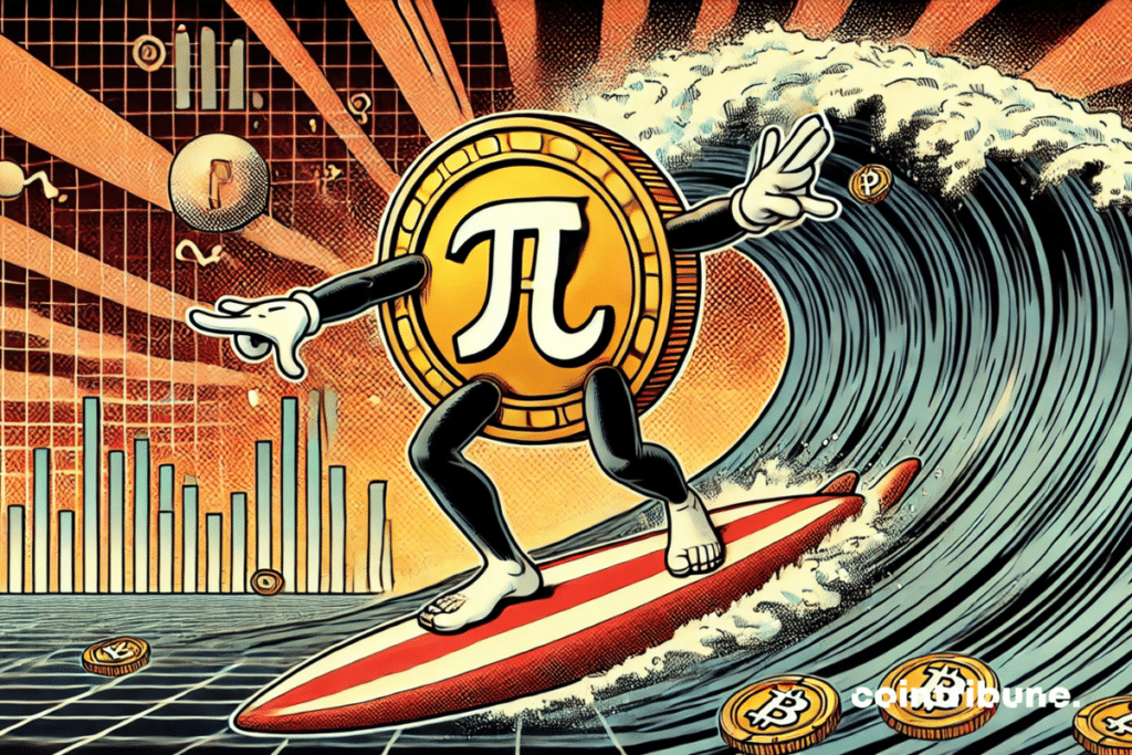 Crypto: an anthropomorphic Network Pi Netfany on a digital wave, symbolizing its ascent on the market!