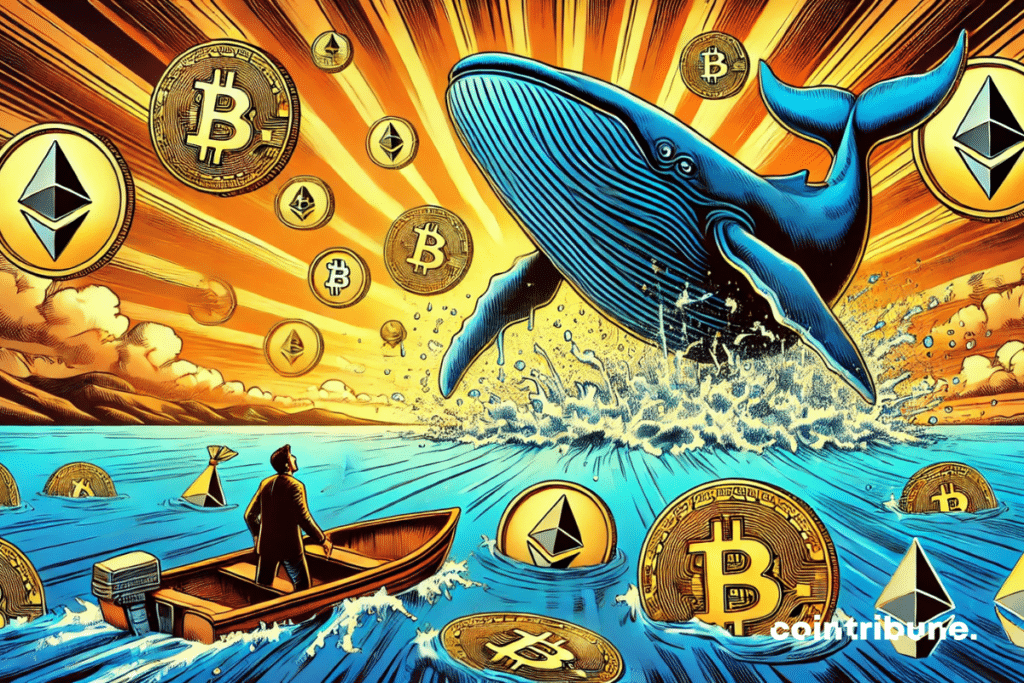 A gigantic crypto whale and an amazed investor in his little boat! The ocean is filled with Bitcoin and Ethereum symbols.