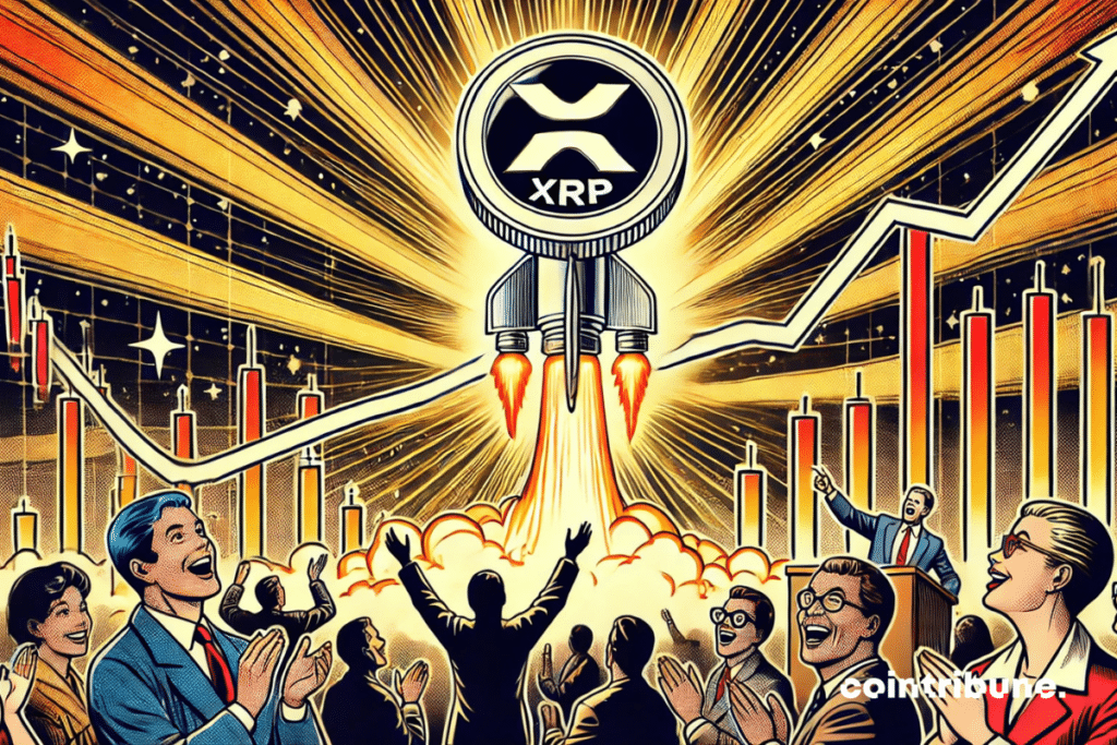 The Crypto XRP flies like a rocket under the amazed look of investors, with a stock market graph in the background.