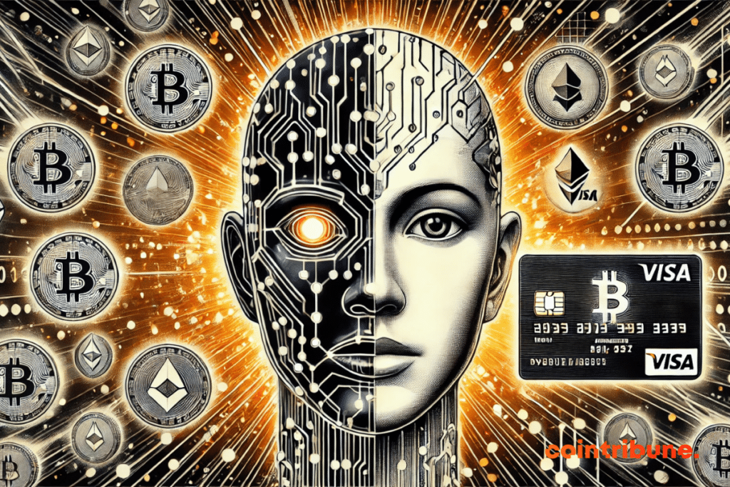 Illustration of a semi-robotic humanoid face and a crypto visa card