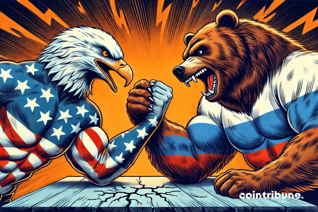 An epic showdown between an anthropomorphic eagle (Trump) in the colors of the United States and a bear in the colors of Russia, with visible tension and raw power relating to new taxes.
