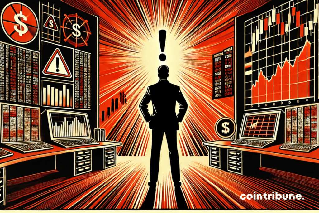 A silhouette of a Bitcoin analyst in front of a huge red screen displaying an alert symbol.