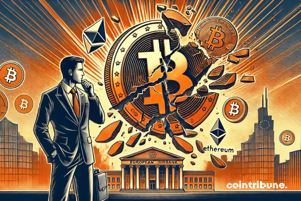 A worried crypto trader and a shattered bitcoin.