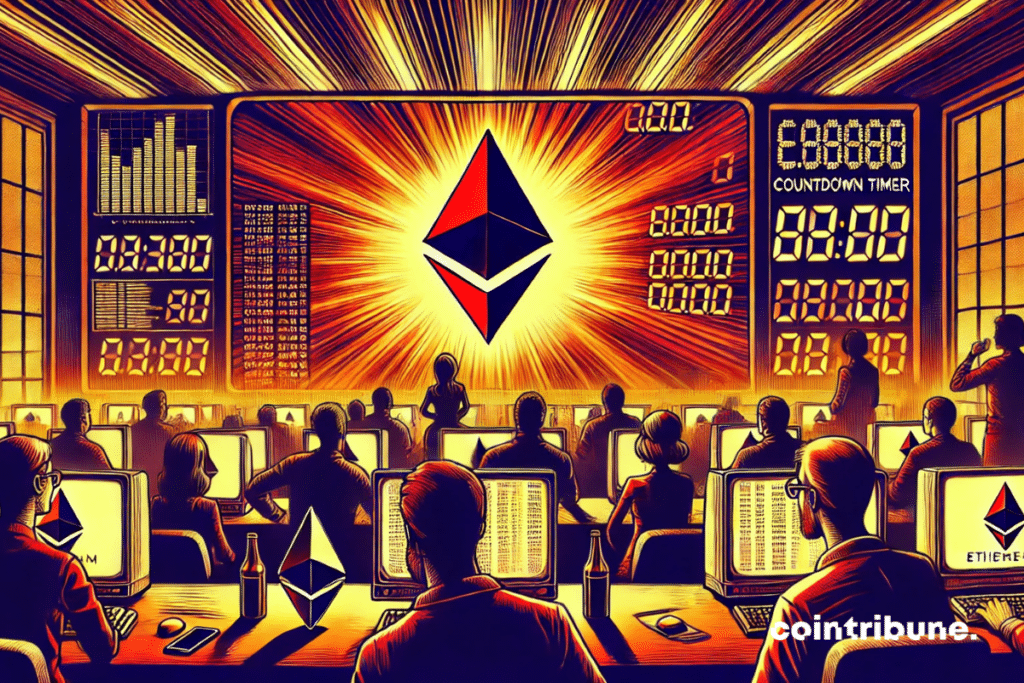 A group of crypto enthusiasts looking at the screen of the Ethereum logo.