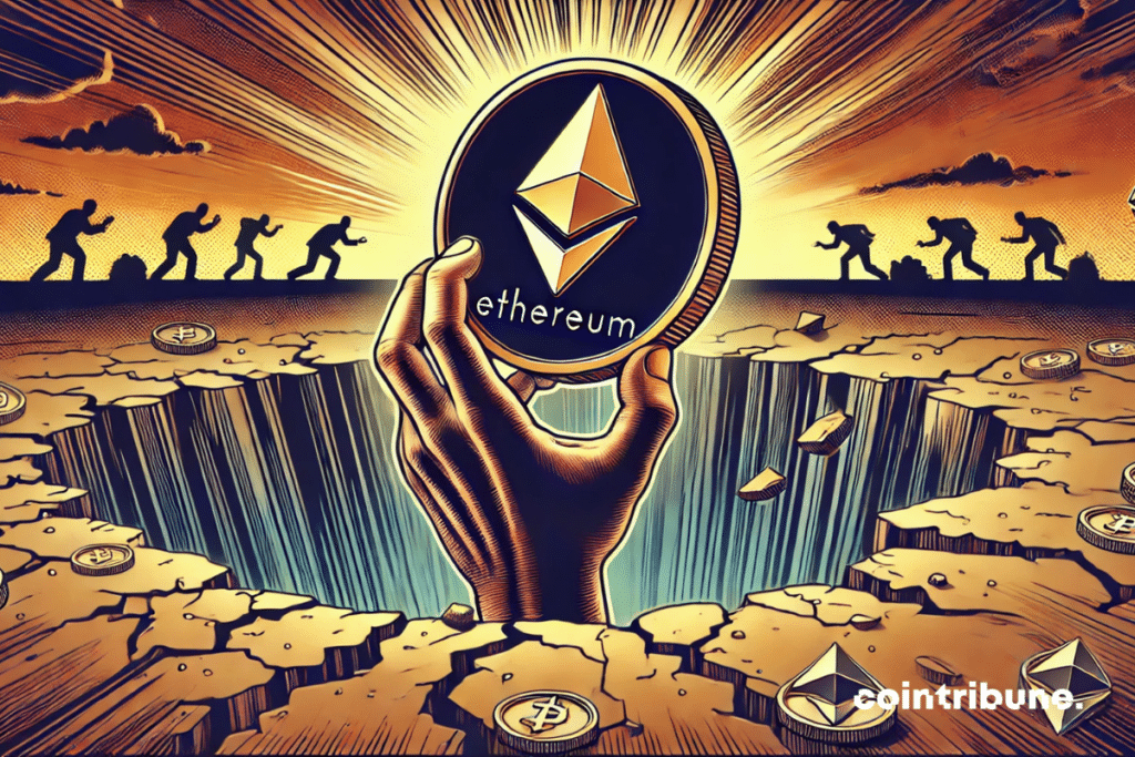 A hand comes out of a chasm, holding an illuminated Ethereum piece, while silhouettes move carefully in the background.