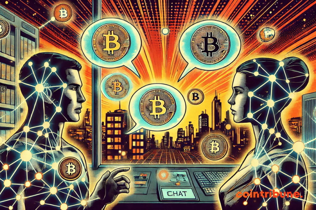 Two futuristic avatars exchanging crypto parts via holographic messaging in a web3 universe.