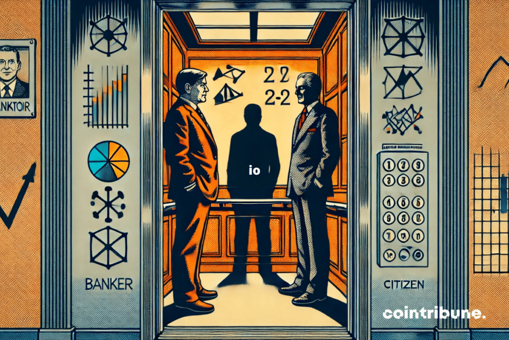 An elevator cabin with two men deploring inflation.