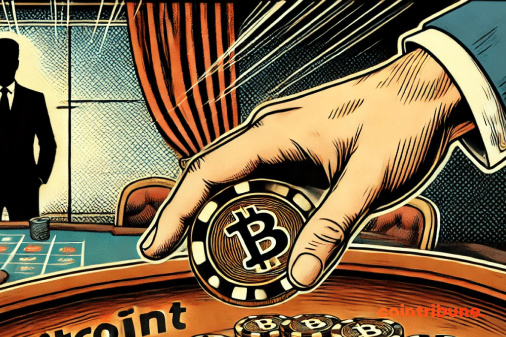 Illustration of a dynamic hand and a bitcoin piece