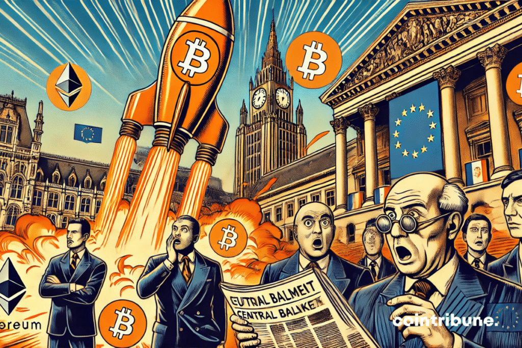A gigantic stylized rocket, with Crypto, Bitcoin and Ethereum symbols, takes off at full speed. On the left, a group of bankers in costume, shocked or indifferent, remain frozen in front of a classic European building
