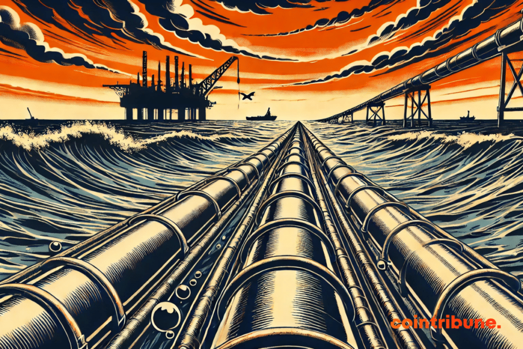 A pipeline at sea, in a dramatic and mysterious atmosphere to evoke the rise in oil prices and geopolitical or ecological issues around oil infrastructure.