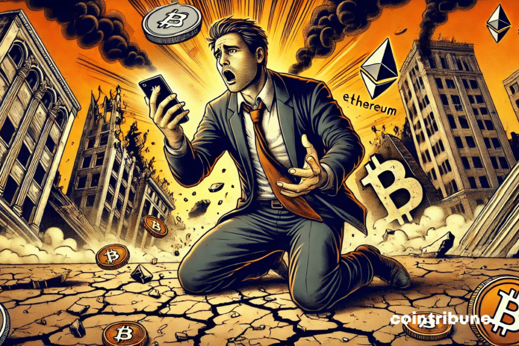 A trader devastated in front of a ruined city, embodying the brutal collapse of Bitcoin and Ethereum
