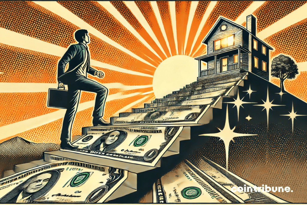 Real estate in France: a character climbing a staircase in tickets to a bright house.