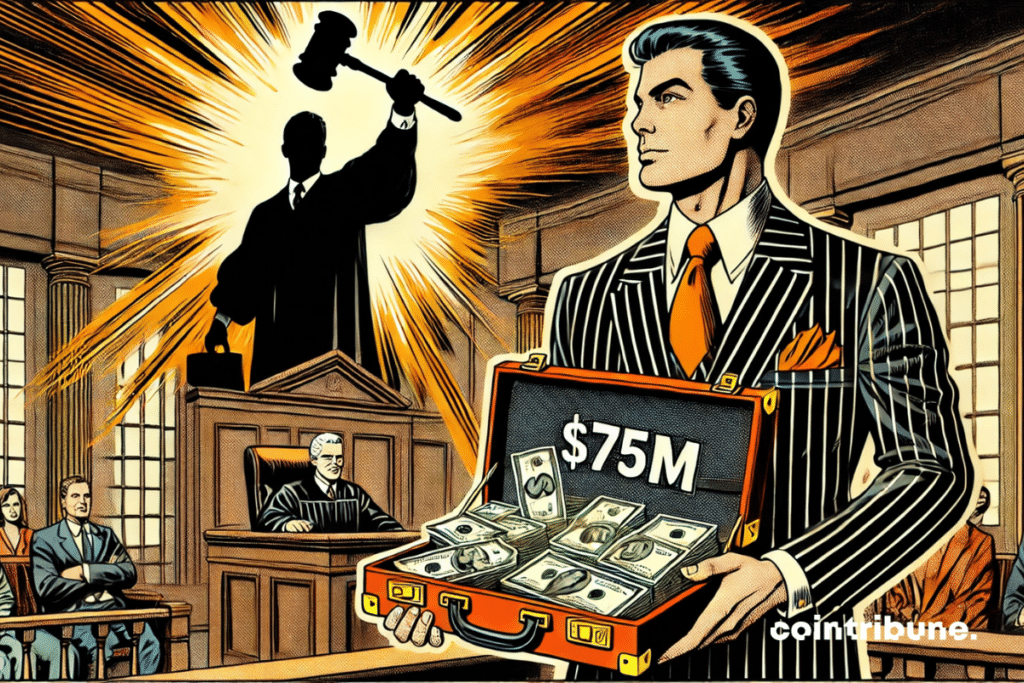 A representative of Ripple (elegant silhouette, costume) holding an open case filled with tickets or a digital wallet displaying