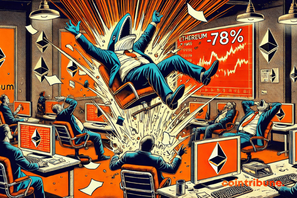 Fictitious market room with whales in suit on casters. A humanoid Ethereum whale projected behind its seat by the sudden fall of the courses.