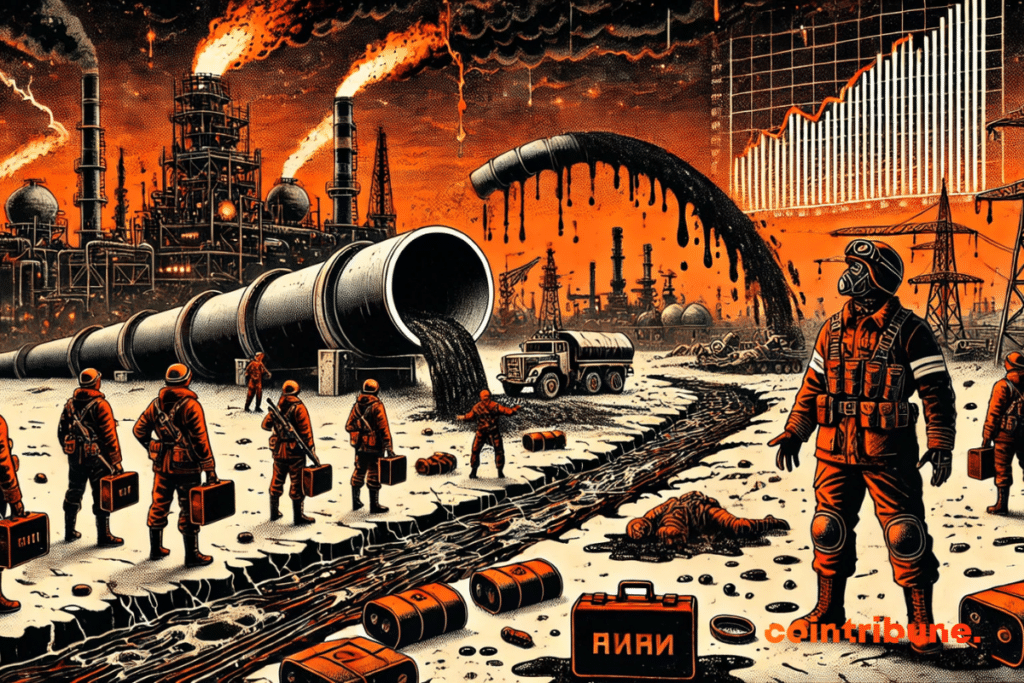 Broken Russian pipelines, pouring oil, while disoriented soldiers face the exhaustion of resources and imminent collapse. The ruined oil factory and the threatening storm reinforce the crisis effect in Russia.