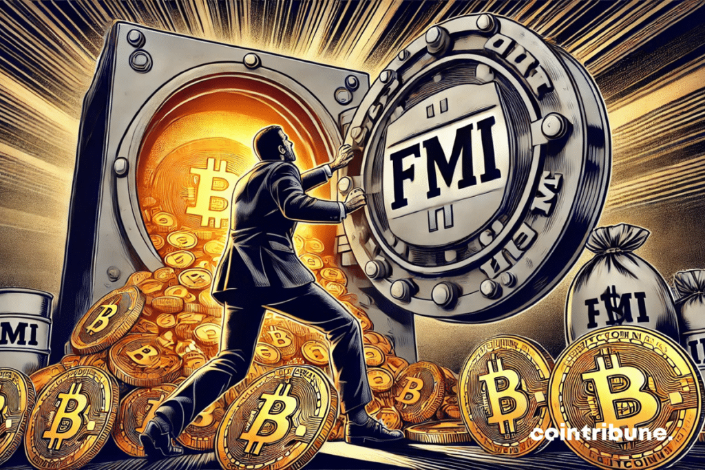 A view in the back of a safe overflowing with Bitcoins, with a huge padlock bearing the signature of IMF
