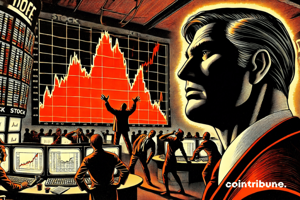 Illustration of a silhouette observing with satisfaction a red curve, while small panicked bitcoin traders are trying to catch it