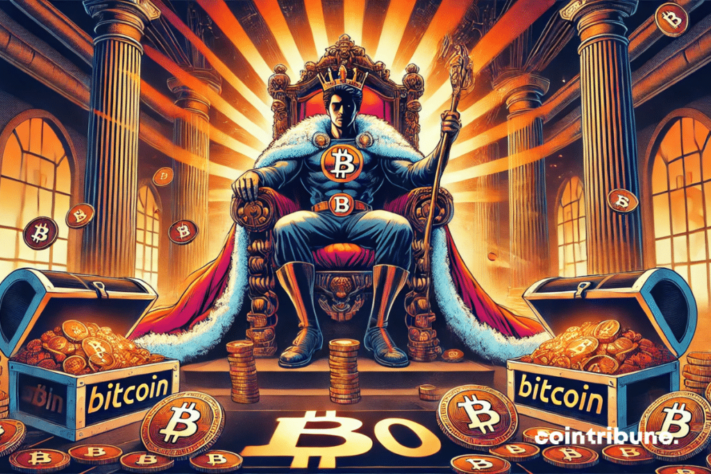 King Bitcoin seated on his throne surrounded by treasures