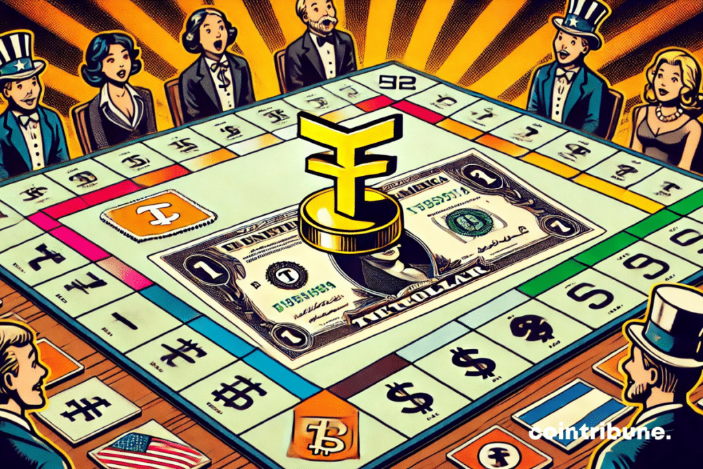 A scene way Monopoly, where Crypto Tether is represented in the form of a golden pawn placed on a giant treasure vouchers ticket