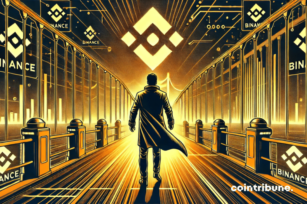 A man on a bridge facing the Crypto Binance Exchange logo.