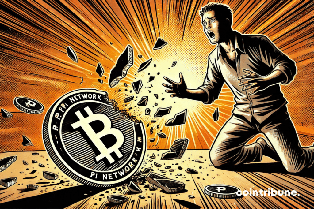 A stunned trader observing a part of the crypto pi network broken on the ground.