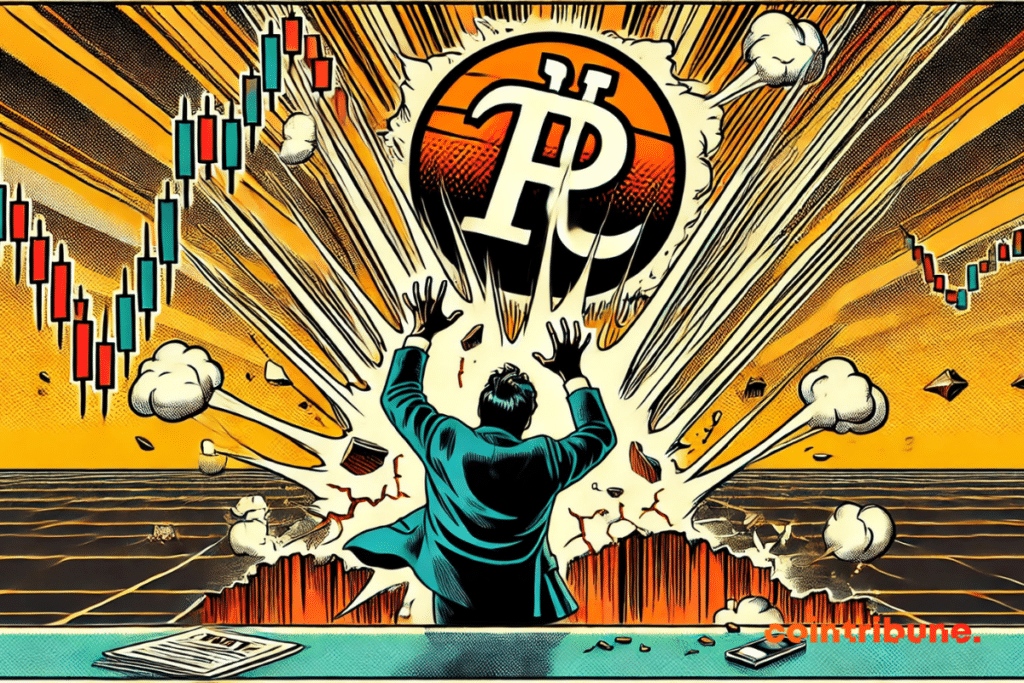 The fall of the Network Pi! The crypto is surrounded by cracks, while a panicked investor observes the scene.