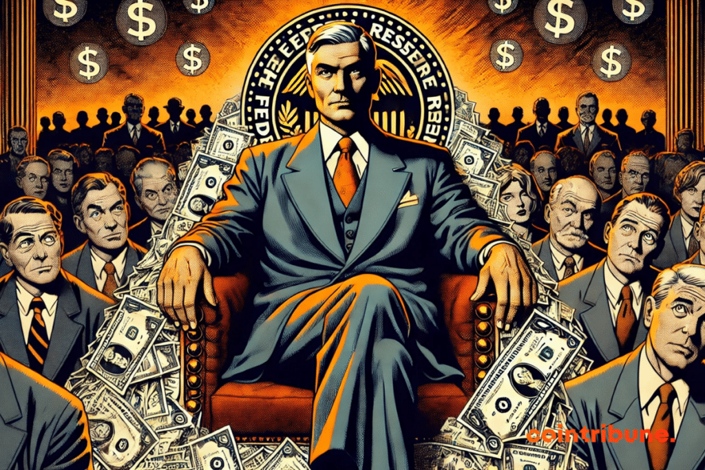 Illustration by Jerome Powelle sitting on his throne surrounded by astonished traders