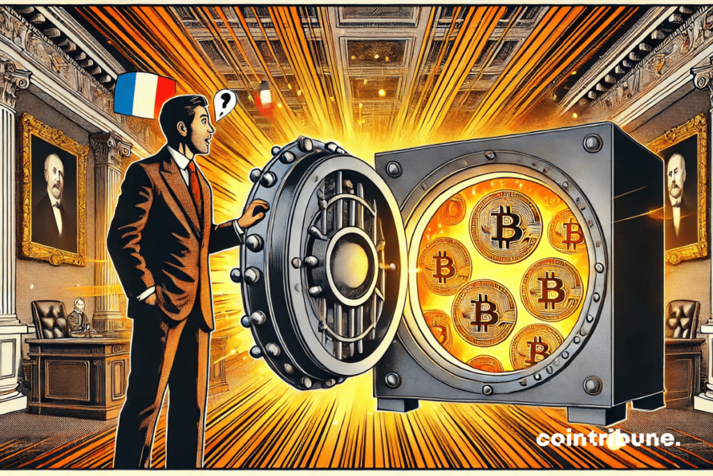 A giant safe opens with a crash, and inside, instead of ingots, bright orange crypto tokens. A man in a formal complete (banker), with a half-thundled face half-eatfish, looks inside.